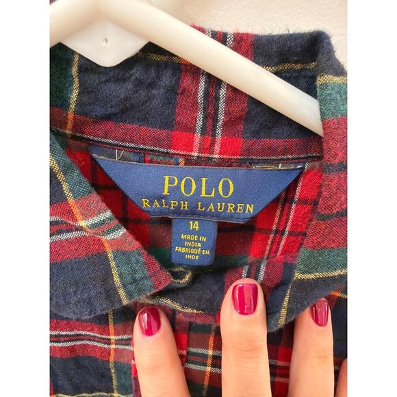 Polo Ralph Lauren Girls 14 Red & Green Plaid Button-Up Shirt Dress W/ Belt Cotto - Picture 2 of 6
